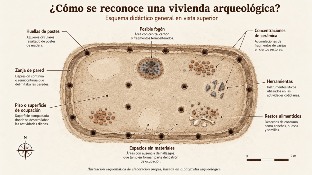 Esquema interpretativo de las evidencias arqueológicas que permiten reconocer una vivienda: huellas de poste, pisos de ocupación y fogones.