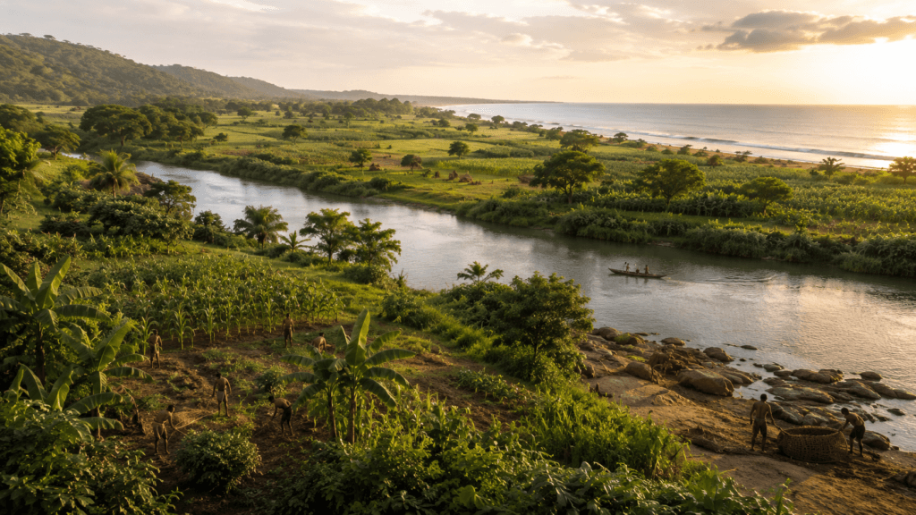 Recreación ilustrativa de un paisaje ribereño y costero con actividades agrícolas, pesca y recolección, representativas de la economía de subsistencia vinculada con la cultura Chorrera
