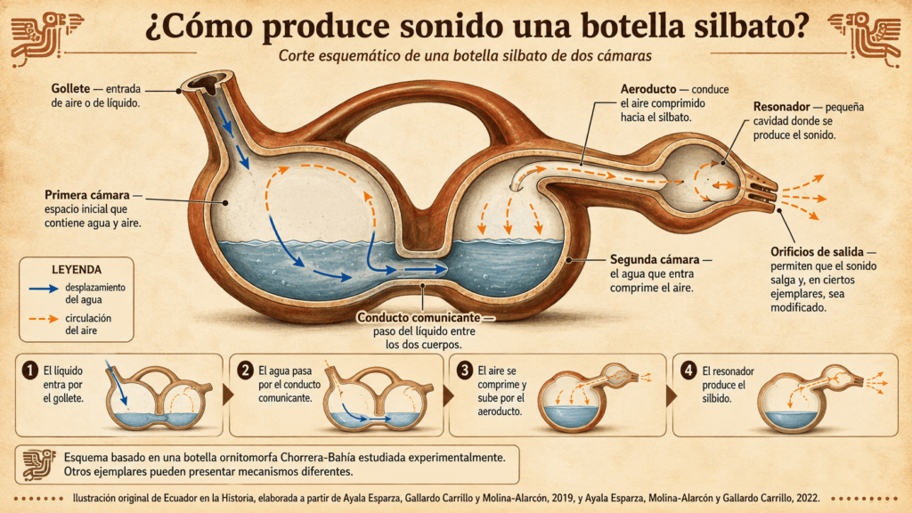 Esquema del funcionamiento de una botella silbato: el desplazamiento del agua entre las cámaras comprime el aire y lo dirige hacia el resonador.