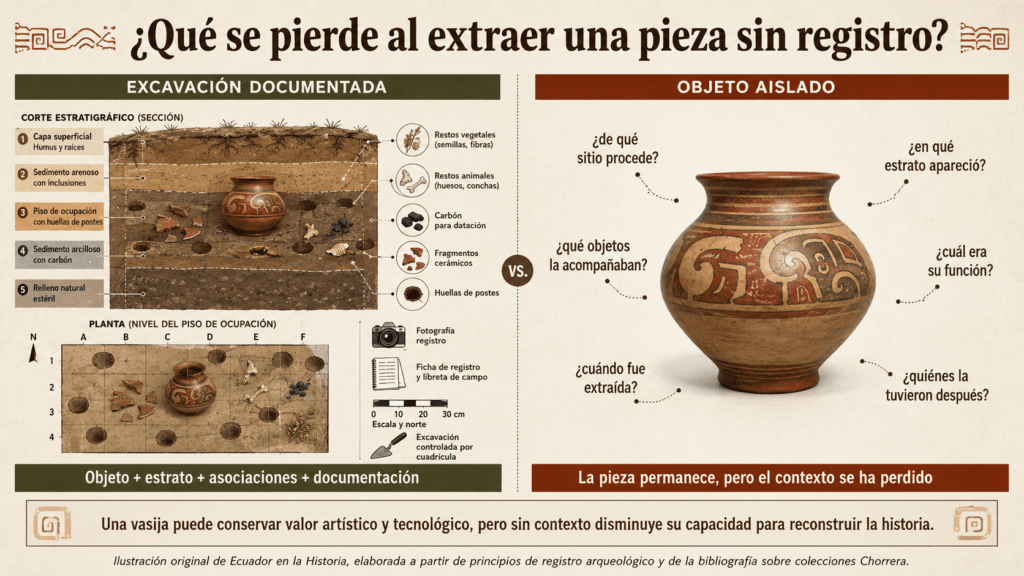 Infografía que compara una vasija Chorrera excavada con registro arqueológico y una pieza aislada sin procedencia conocida.