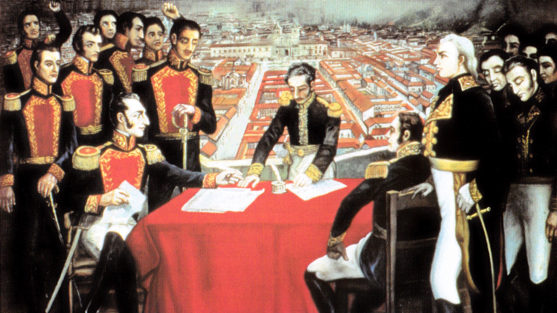 Óleo de Antonio Salas que representa el armisticio tras la batalla de Pichincha, con Sucre y Melchor Aymerich sentados frente a frente