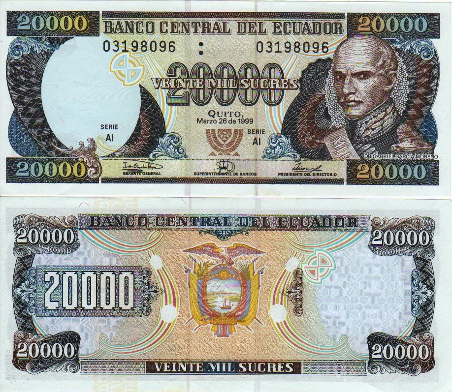 Billete de veinte mil sucres emitido en 1999, el año de la crisis bancaria que precedió a la dolarización