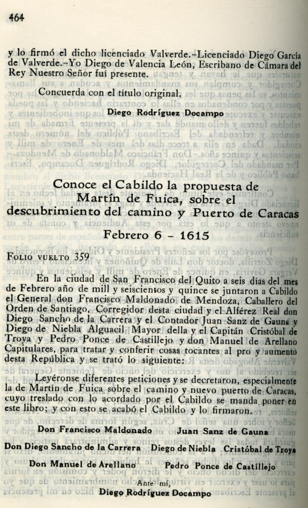 Folio manuscrito del acta del Cabildo Colonial de Quito fechada el 6 de febrero de 1615
