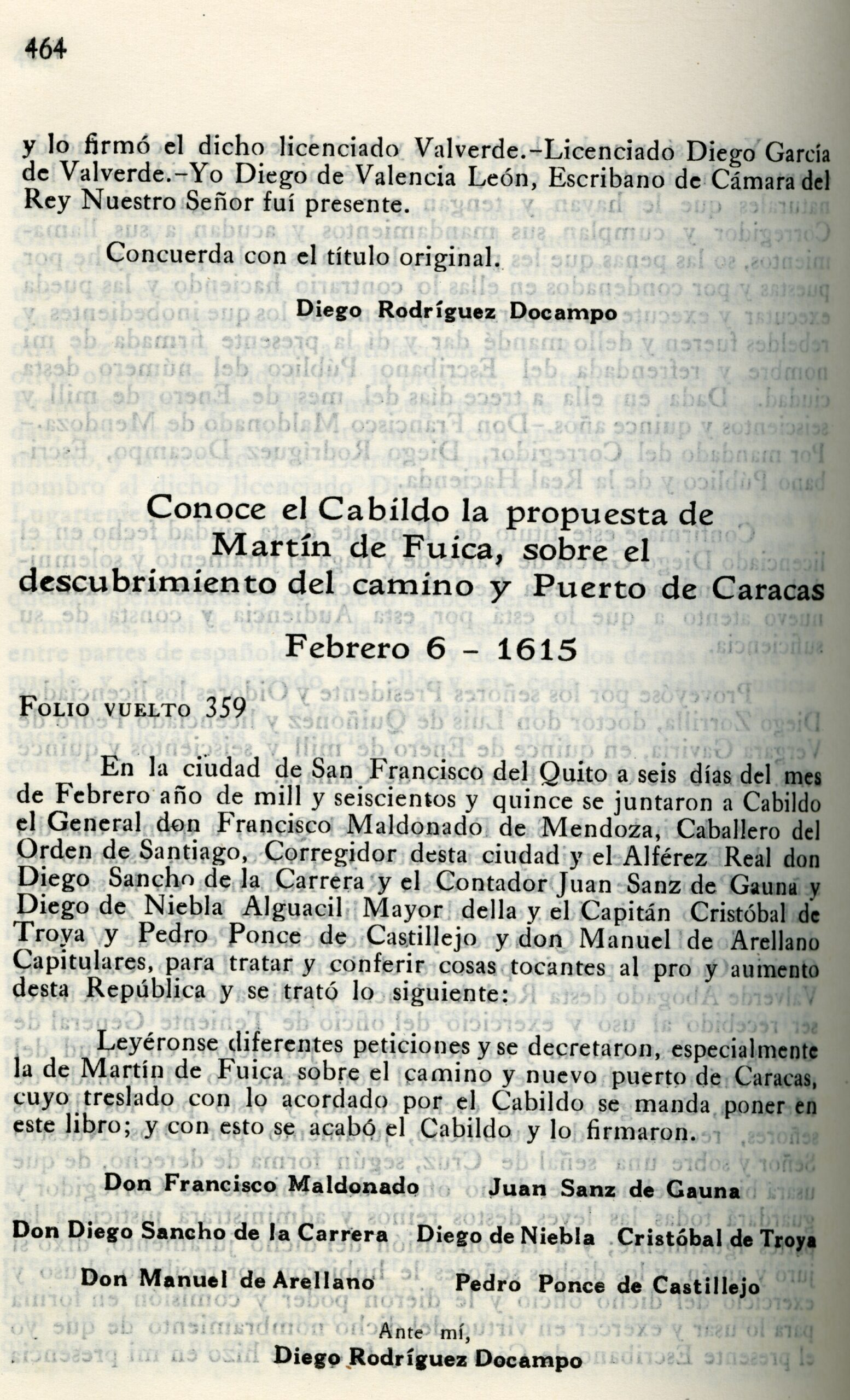 Folio manuscrito del acta del Cabildo Colonial de Quito fechada el 6 de febrero de 1615