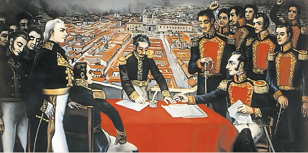 Pintura de Antonio Salas sobre la capitulación de Quito tras la batalla del Pichincha, 1822