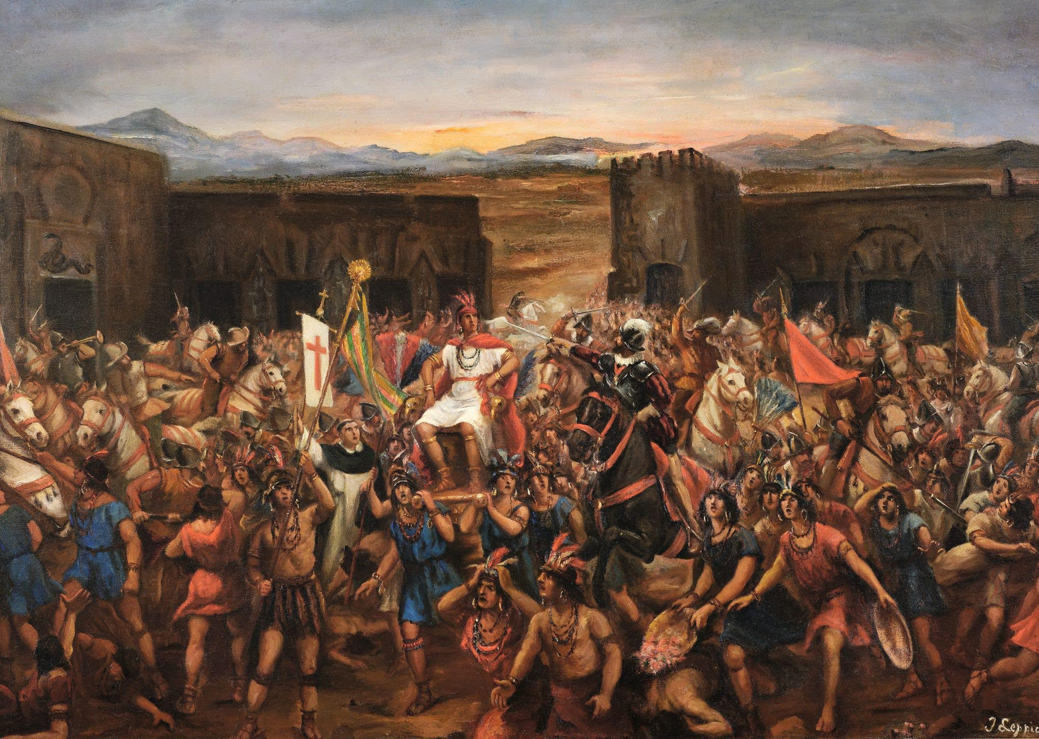 Óleo de Juan Lepiani que representa la captura del emperador Atahualpa en Cajamarca en 1532