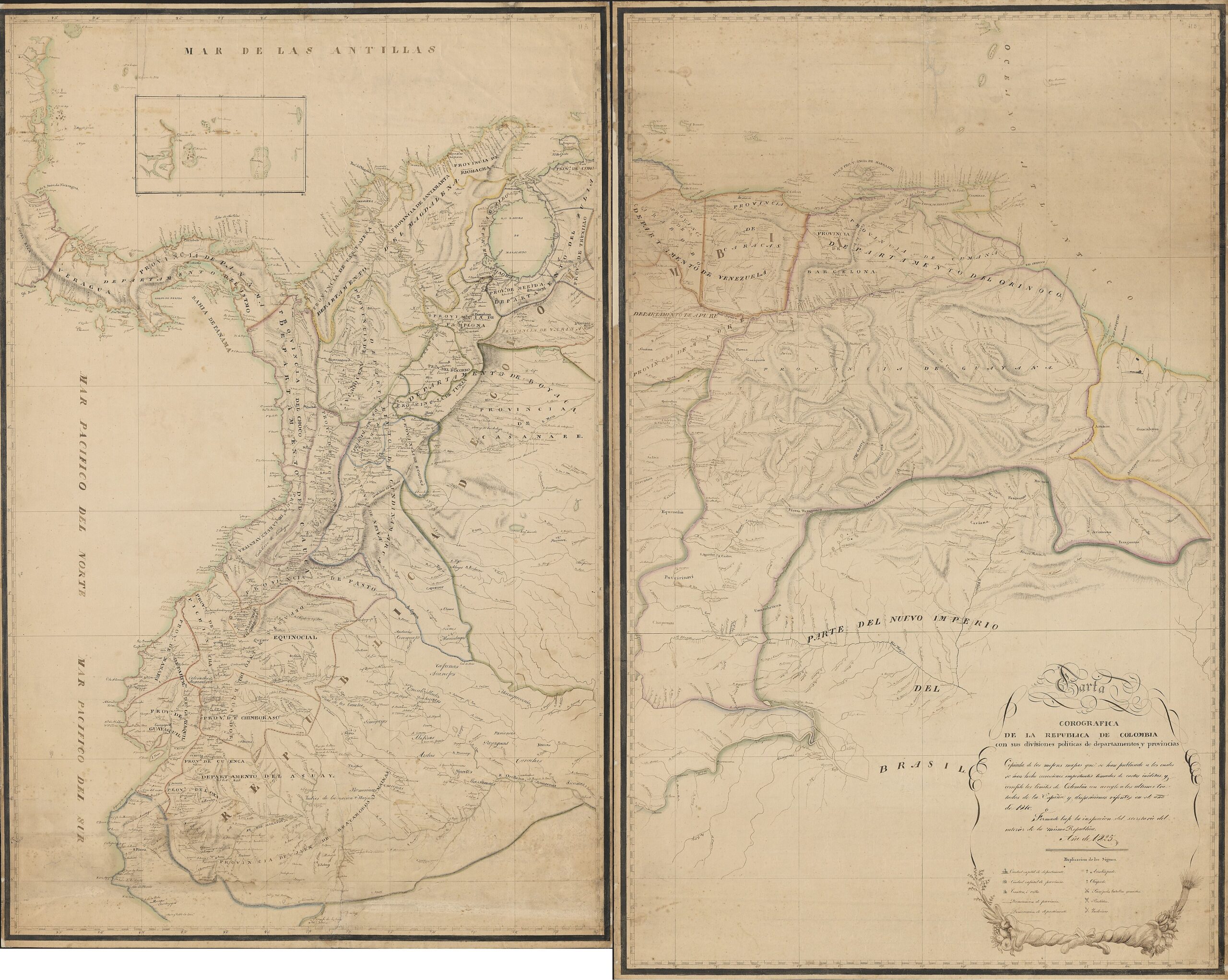 Mapa de la República de Colombia levantado en 1825, con la división en departamentos incluido el Distrito del Sur