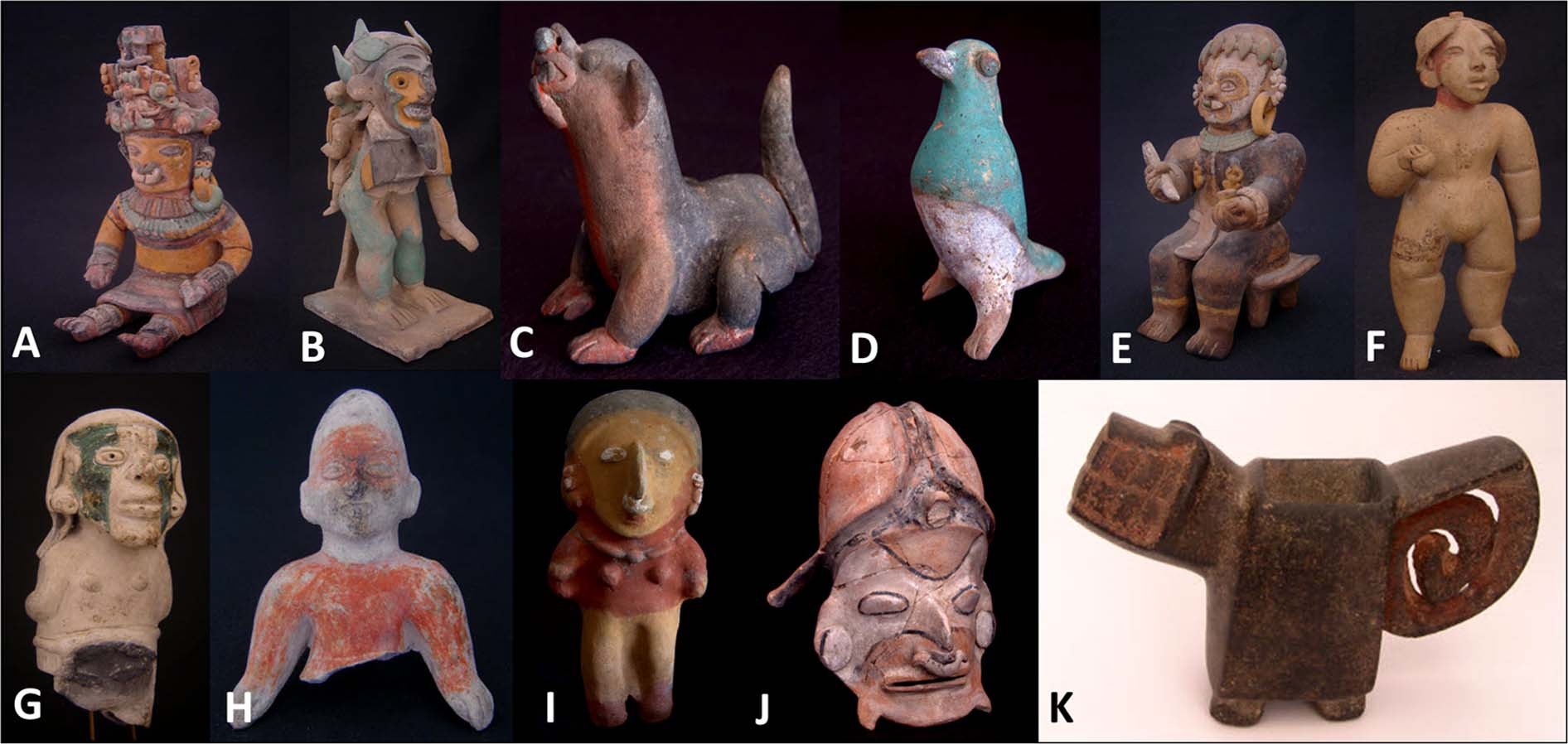 Once piezas de cerámica antropomorfa y zoomorfa de las culturas Jama-Coaque, Tumaco-La Tolita, Bahía y Valdivia, conservadas en el Museo Casa del Alabado de Quito