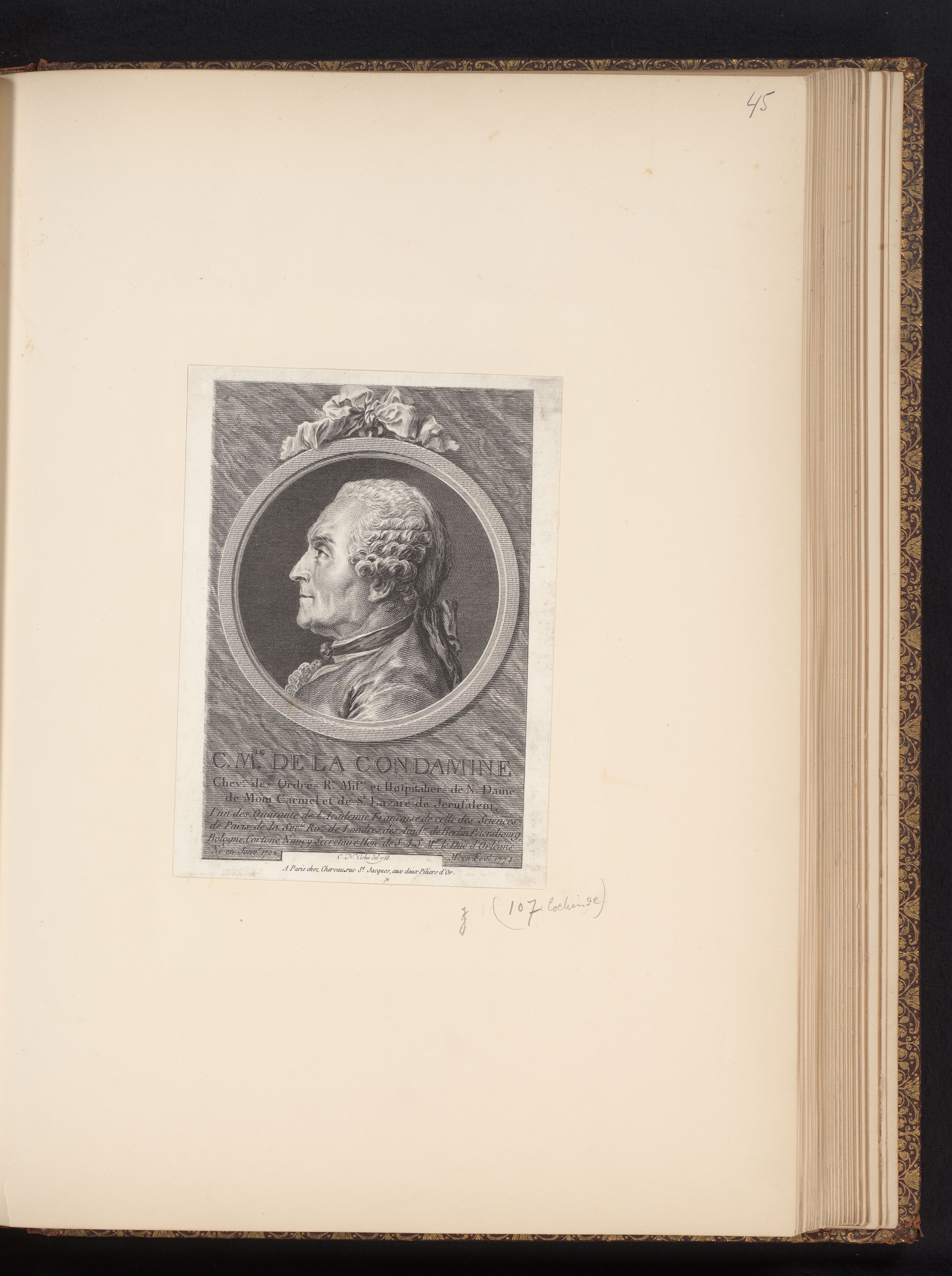 Retrato grabado de Charles Marie de La Condamine, geógrafo de la Misión Geodésica Francesa