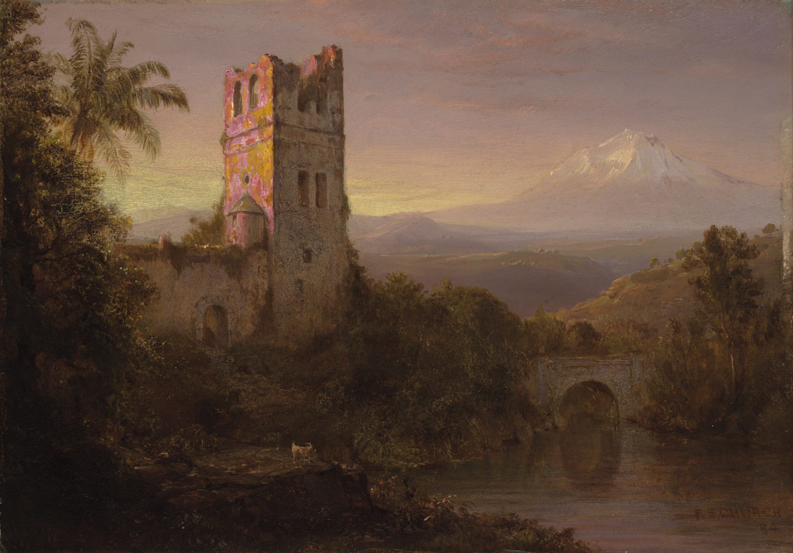 Óleo de Frederic Edwin Church que representa el volcán Chimborazo con el paisaje andino en primer plano
