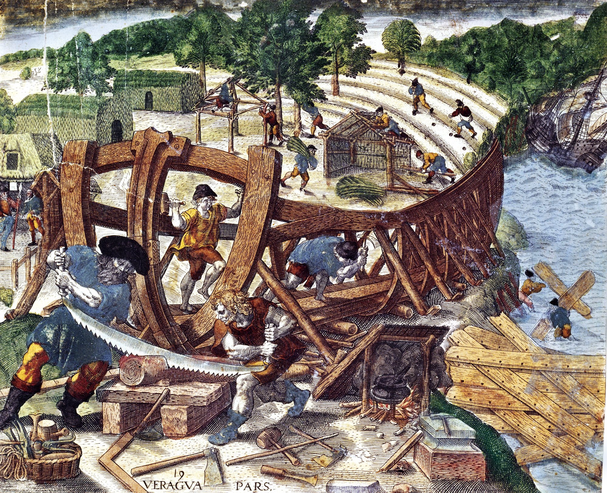 Grabado que representa la construcción de una embarcación durante la expedición de Gonzalo Pizarro y Orellana