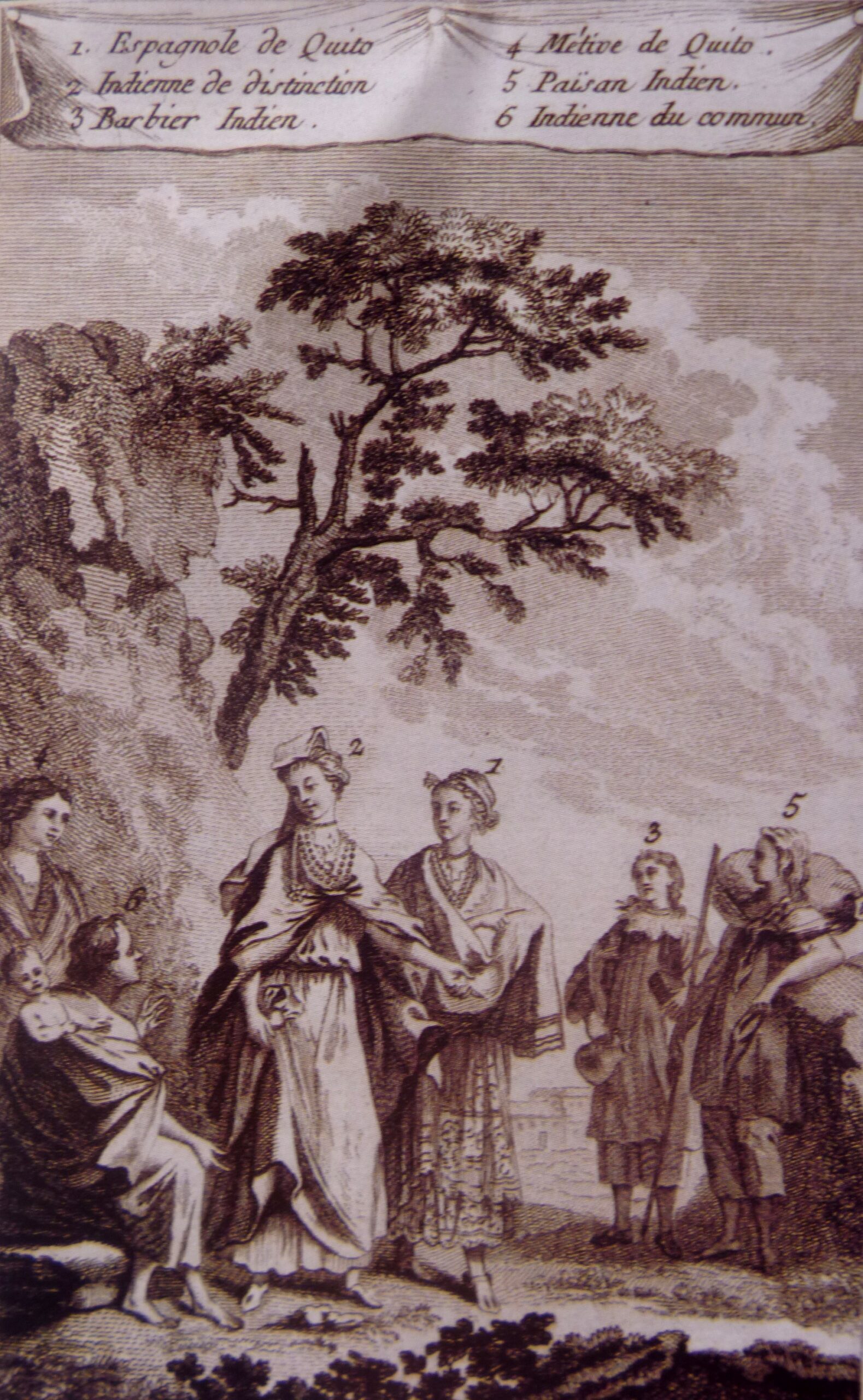 Grabado anónimo del siglo XVII que representa a una dama principal de Quito acompañada de su servidumbre indígena