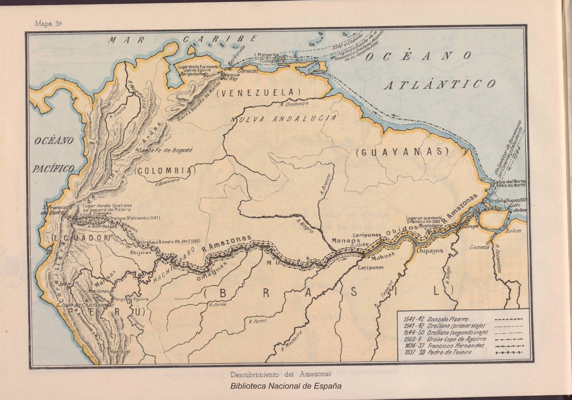 Grabado que representa a la expedición de Francisco de Orellana navegando por el río Amazonas