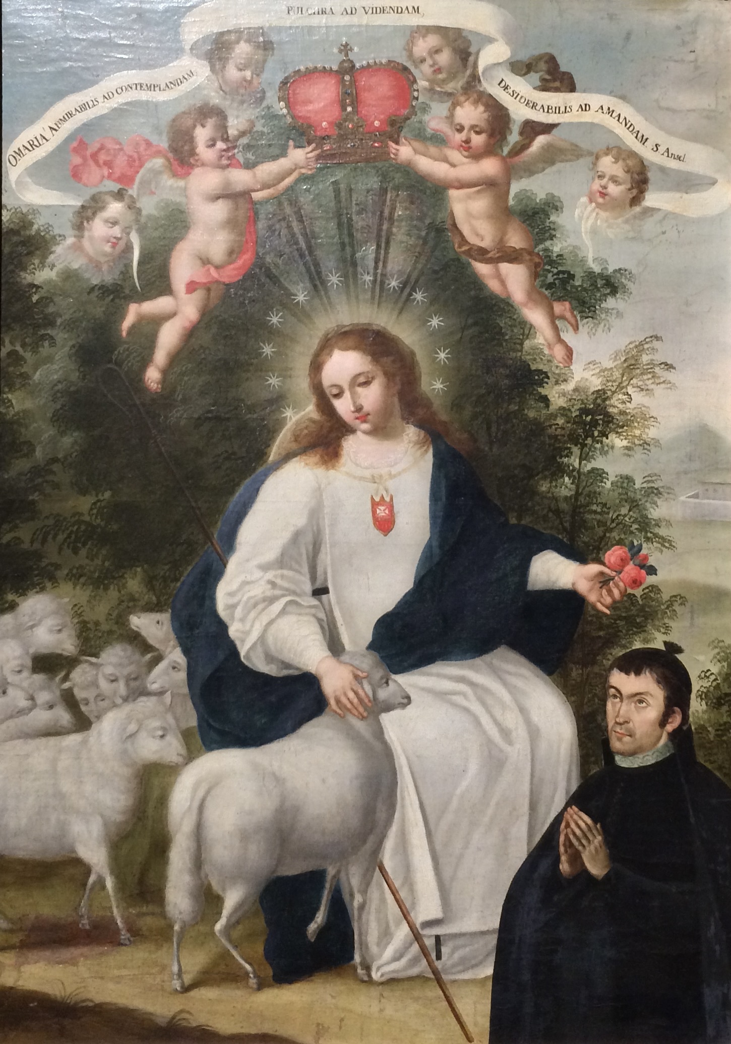 Óleo sobre lienzo de Manuel Samaniego que representa a la Divina Pastora acompañada de un donante
