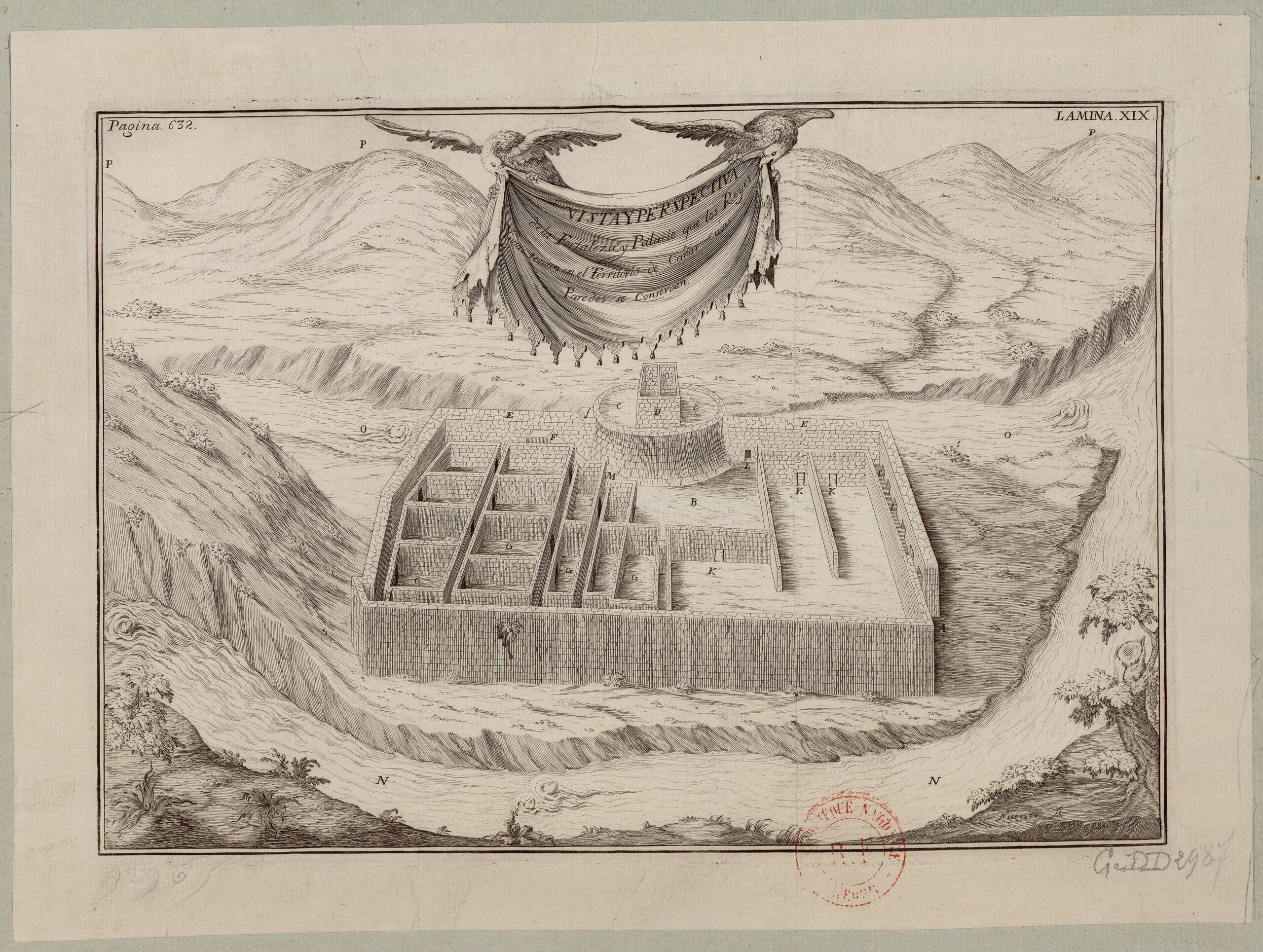 Grabado del siglo XVIII que representa el palacio y fortaleza de los reyes incas cerca de Cañar