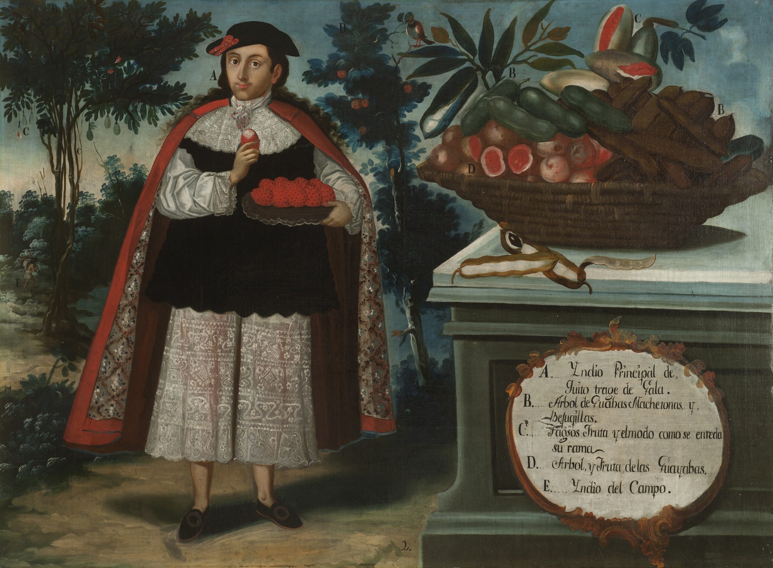 Pintura de 1783 de Vicente Albán que retrata a un indio principal de Quito con traje de gala