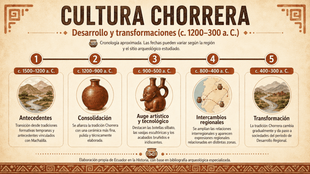 Línea de tiempo de la cultura Chorrera con sus cinco etapas de desarrollo, de c. 1200 a. C. a c. 300 a. C.