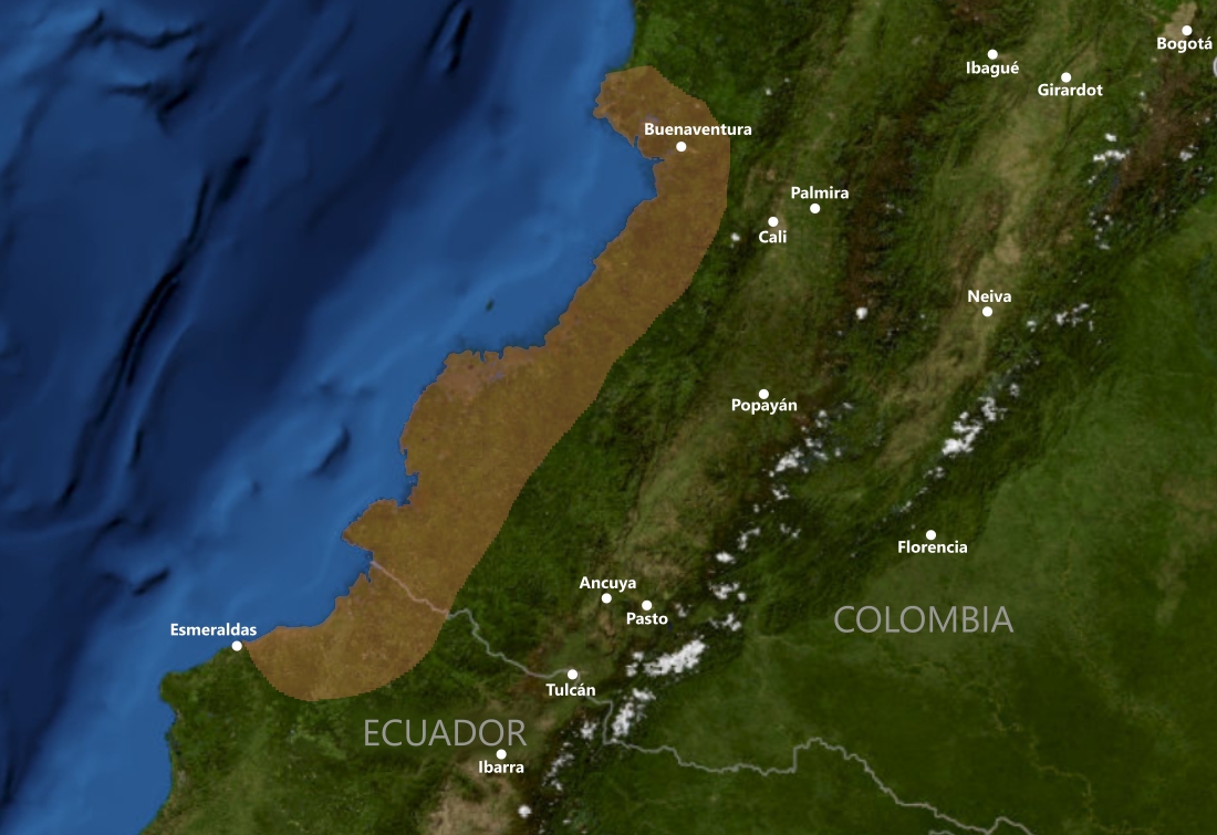 Mapa con la extensión del territorio de la cultura Tumaco-La Tolita entre el sur de Colombia y el norte del Ecuador