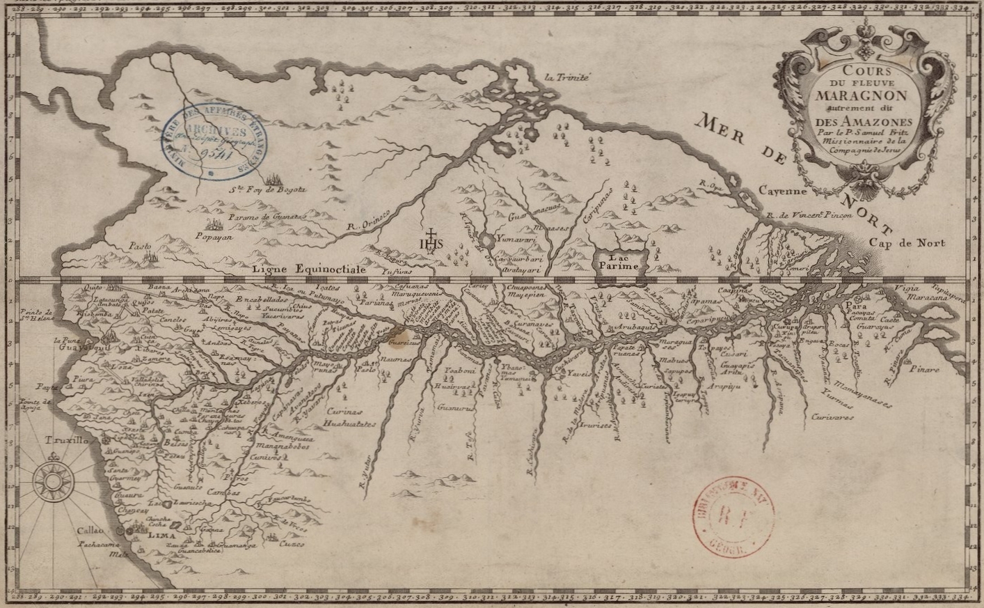 Mapa del río Marañón y sus misiones jesuitas, elaborado por el padre Samuel Fritz