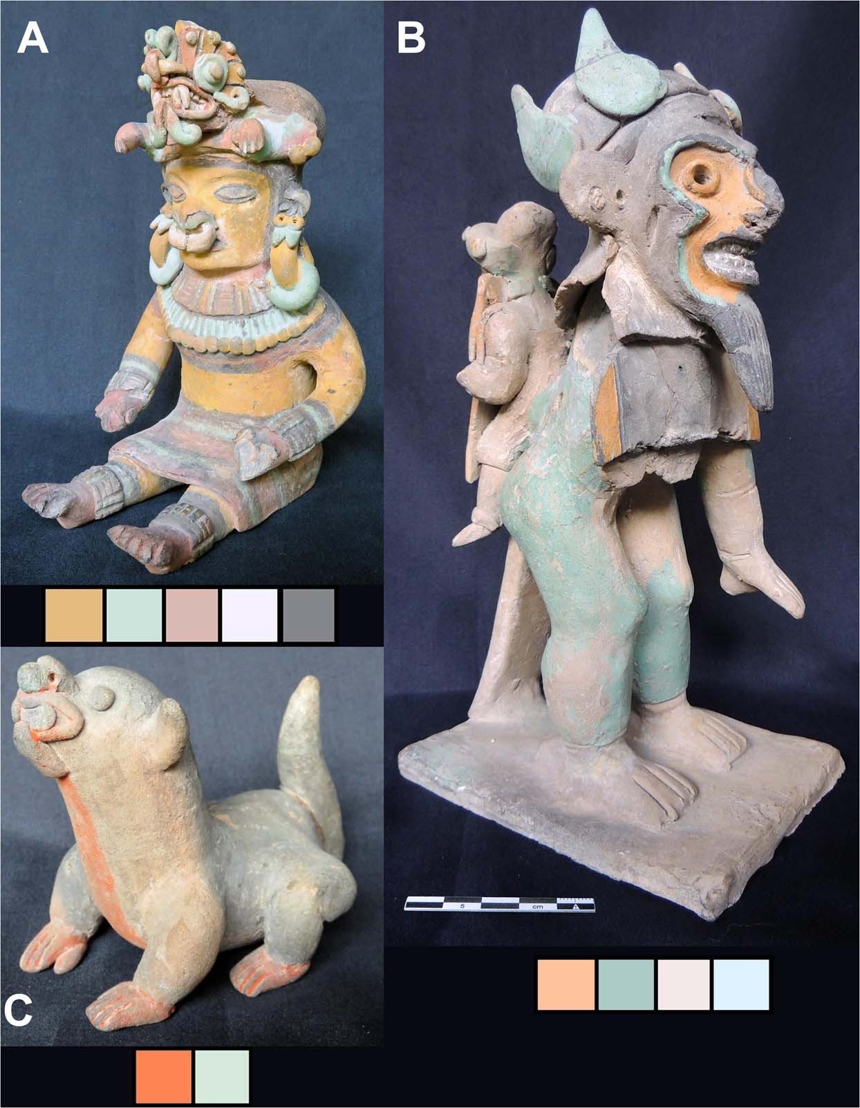 Tres piezas de cerámica Jama-Coaque fotografiadas con las paletas de los colores presentes en cada una