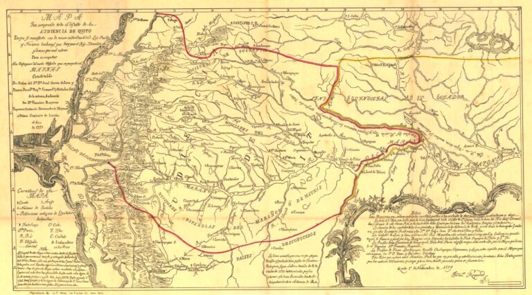 Mapa de la Real Audiencia de Quito trazado por Francisco Requena en 1779, con el territorio jurisdiccional que abarcaba desde la costa hasta el Marañón