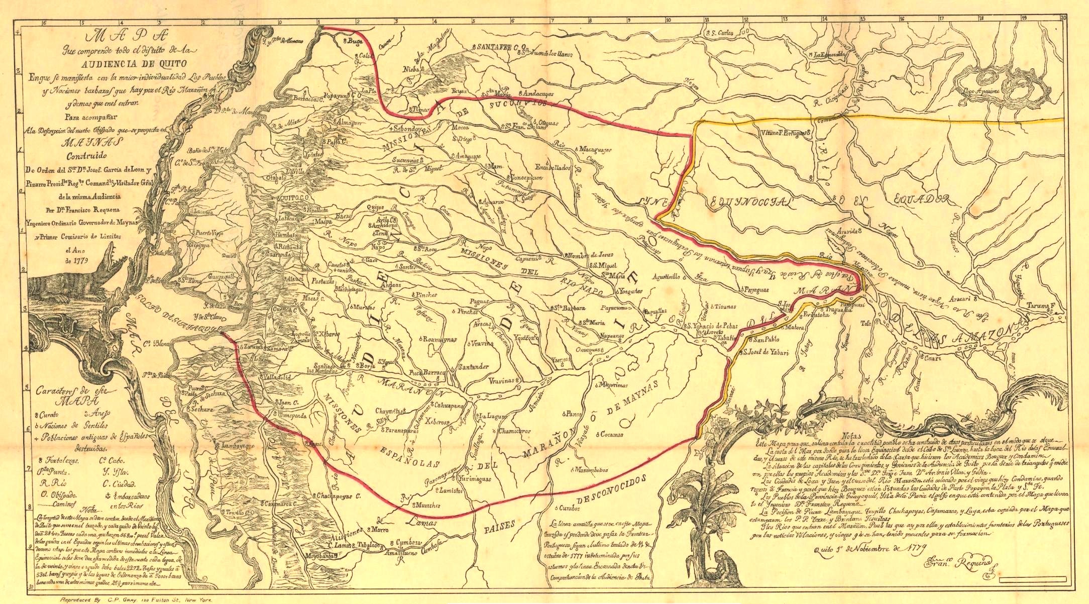 Mapa de 1779 que representa el distrito de la Real Audiencia de Quito extendiéndose desde la costa del Pacífico hacia la cuenca del Marañón