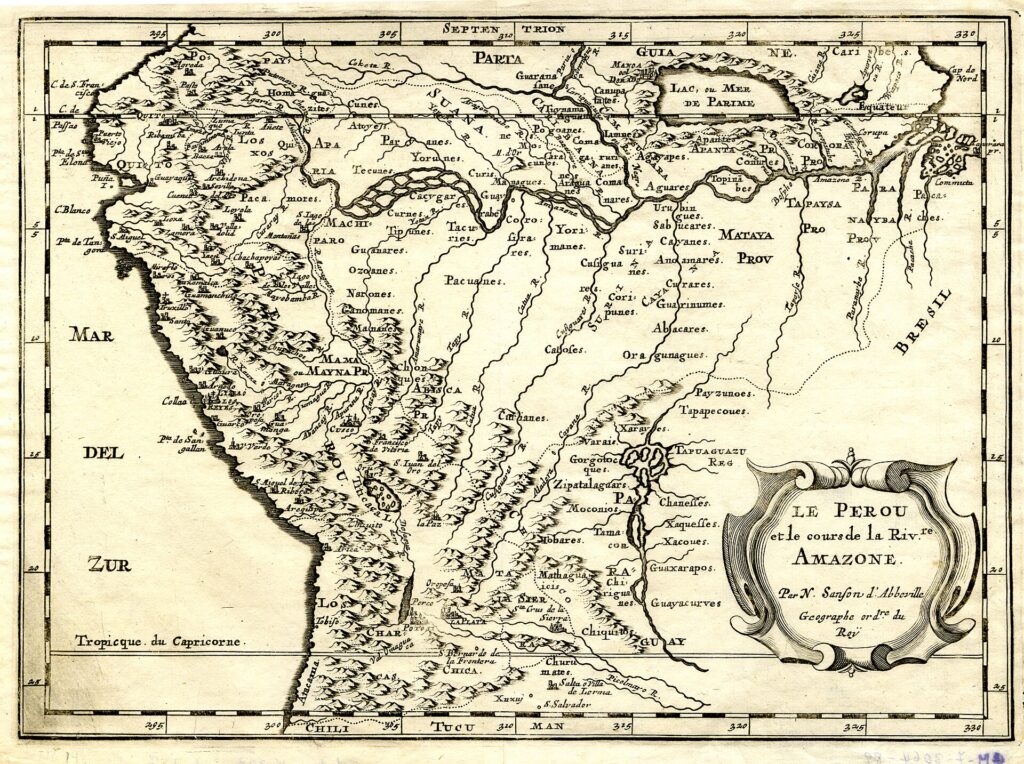 Mapa antiguo del Reino del Perú con el curso del río Amazonas y las provincias de la Audiencia de Quito