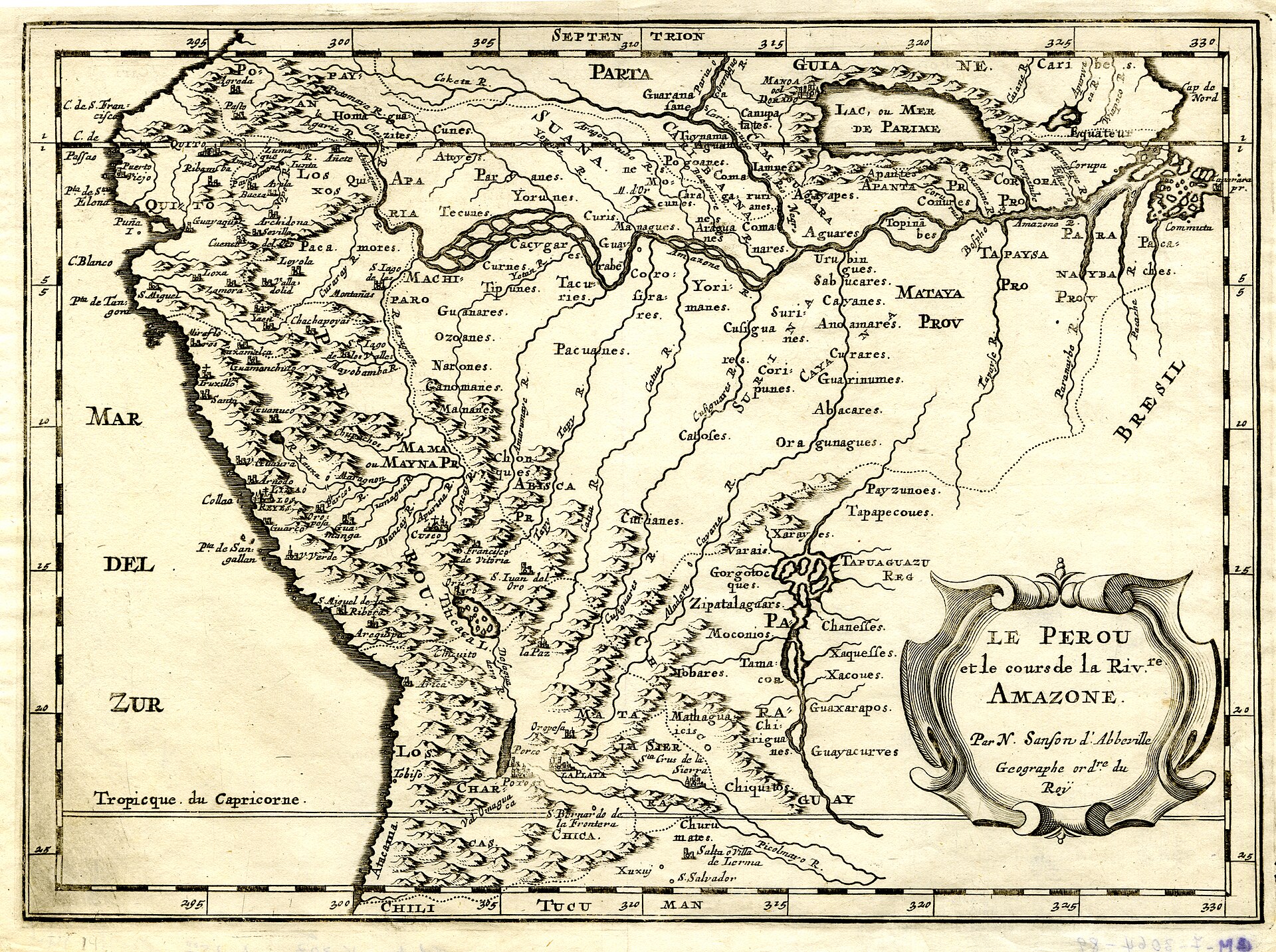 Mapa antiguo del Reino del Perú con el curso del río Amazonas y las provincias de la Audiencia de Quito