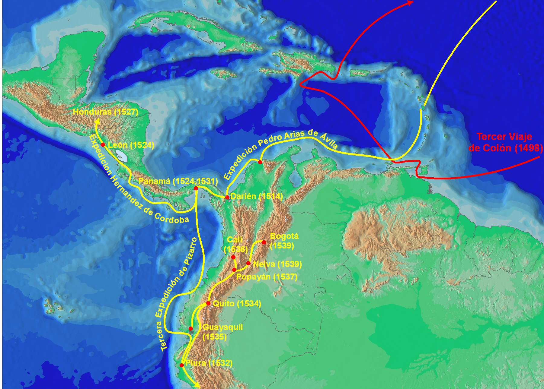 Mapa con el itinerario seguido por Sebastián de Belalcázar en su avance hacia el norte del Tahuantinsuyo