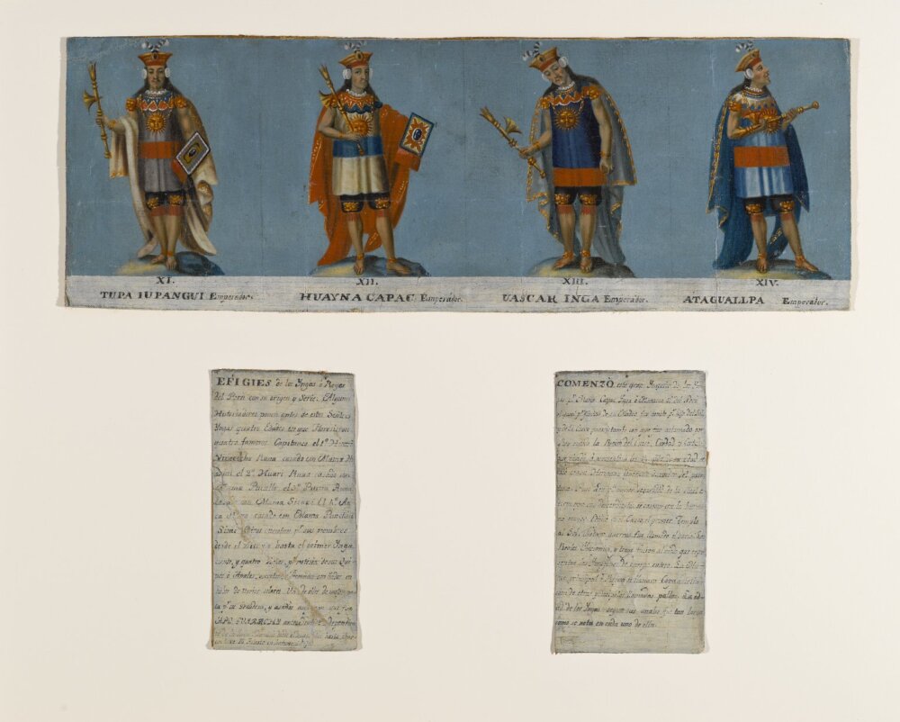 Pintura coloniial con cuatro retratos de Incas: Túpac Yupanqui, Huayna Cápac, Huáscar y Atahualpa