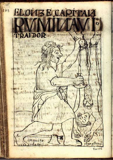 Dibujo de Rumiñahui en la crónica El primer nueva corónica y buen gobierno de Guamán Poma de Ayala, 1615